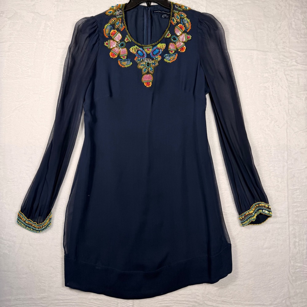 French Connection Navy Beaded Sequin Mini Dress Sheer Sleeve Size 6